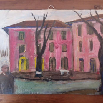 "Case rosse", olio su cartone - Bianchi