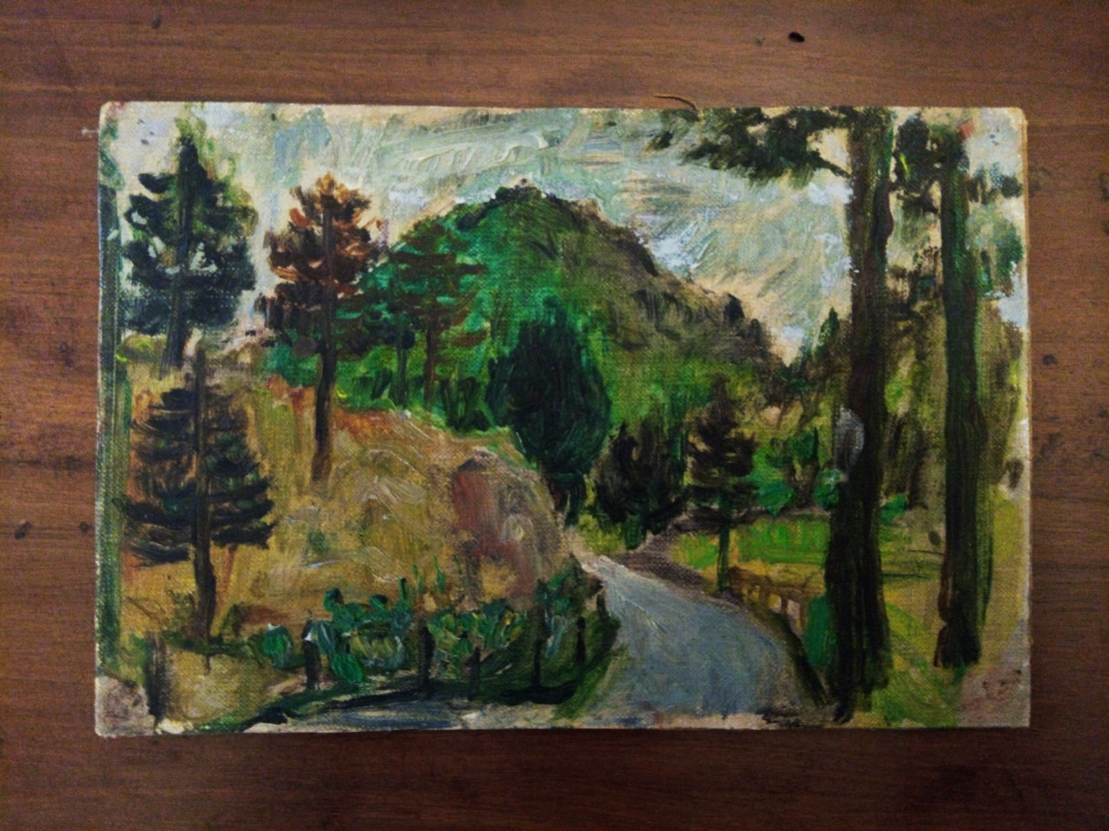"Abeti e montagna", olio su cartone - Bianchi