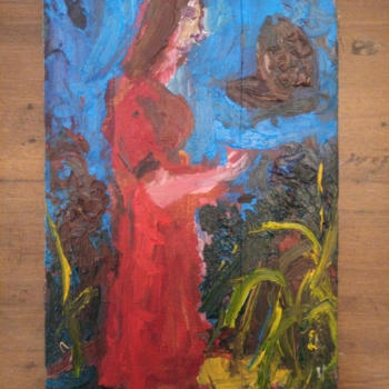 "Donna in rosso e farfalla", olio su cartone - Bianchi