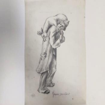 Contadino che regge un montone, grafite su carta da lucido - Molteni