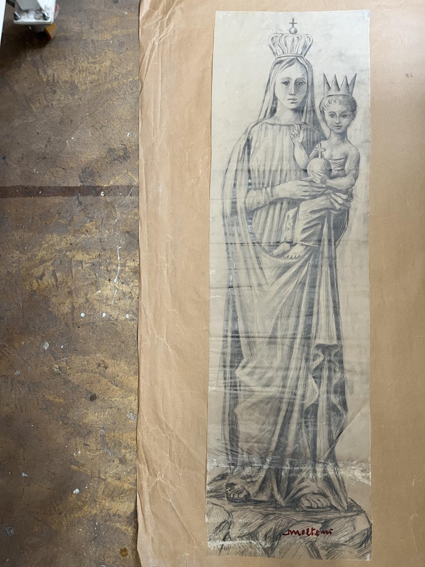 Madonna incoronata con bambino - grafite su carta da lucido - Franco Molteni